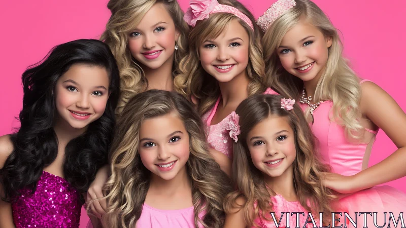Smiling girls in coordinated pink dresses against studio backdrop.