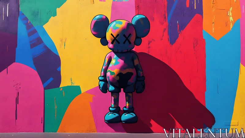 Colorful street character stands bold against neon mural