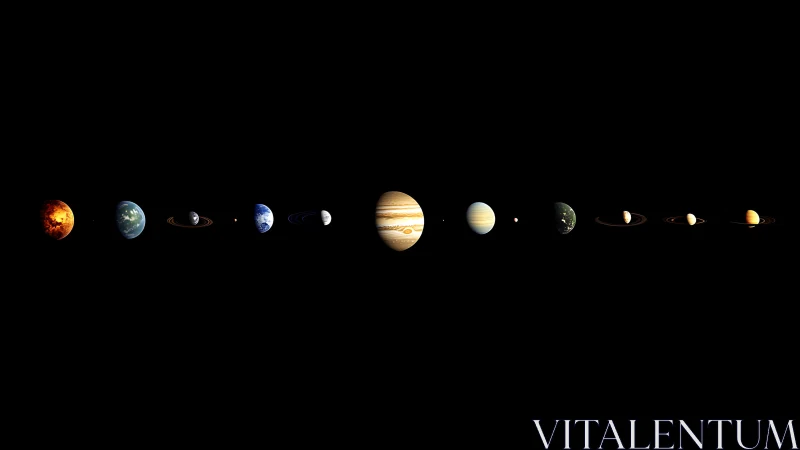 Aligned planetary bodies against deep black space background.