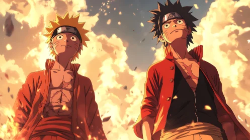 Heroes amid blazing sky in dramatic anime showdown.