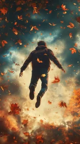 Autumn skyward leap through swirling leaves and soft light.