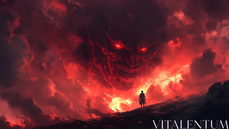 Silhouetted figure before fiery cloud mass with menacing face.