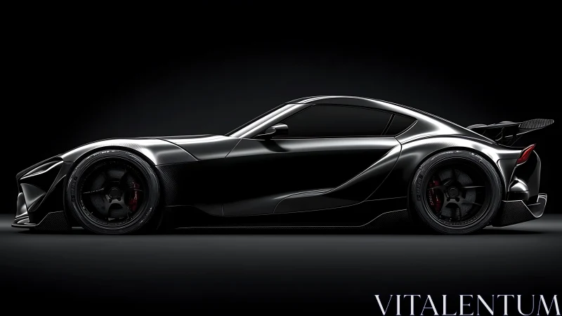 Sleek black supercar glowing softly against the dark night.