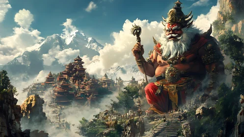 Majestic mountain guardian watching over misty temple city.
