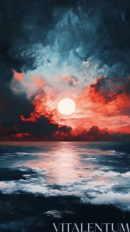 Crimson storm clouds cradle a solitary sun above silver sea