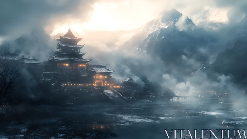 Lantern citadel breathing light into a stormy mountain hush.