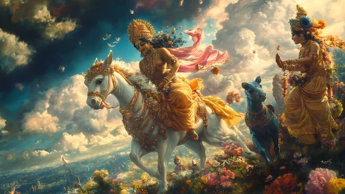 Divine riders crossing celestial floral clouds in gold armor.
