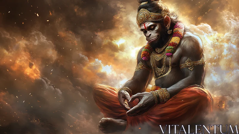Celestial monkey warrior in fiery clouds of tranquil power.