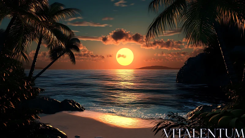 Radiant tropical sunset framed by silhouetted palms and surf.