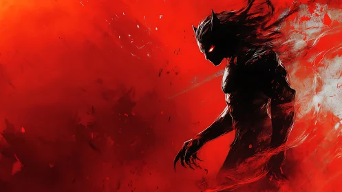 Silhouetted demonic figure strides through abstract crimson haze
