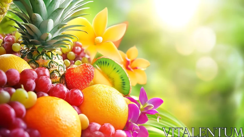 Tropical fruit bouquet glows under soft summer sunlight.