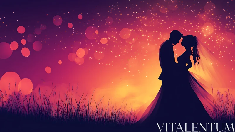 Silhouetted couple embraces beneath a glowing sunset landscape