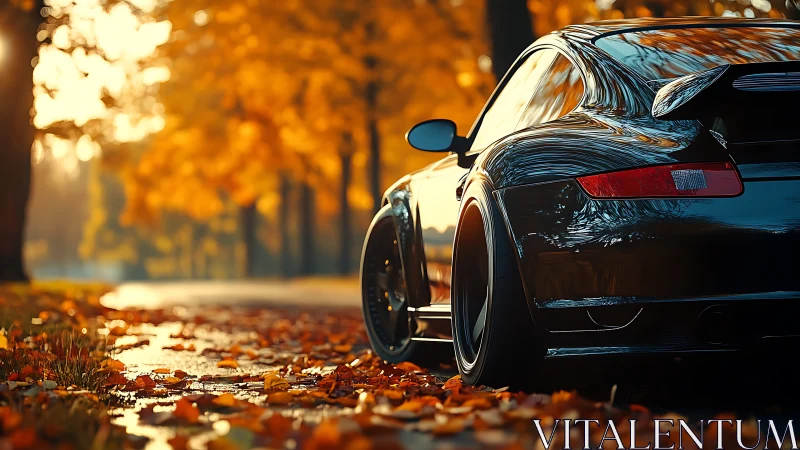 Midnight coupe idling through molten autumn light streets.