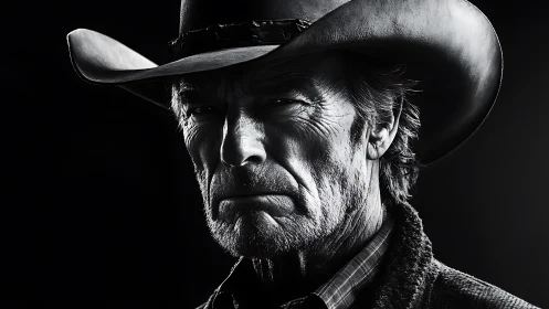 Weathered cowboy portrait bathed in bold shadow and light.