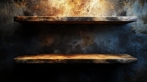 Weathered wooden wall shelves under dramatic raking light
