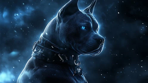 Midnight guardian dog glows with icy blue determination