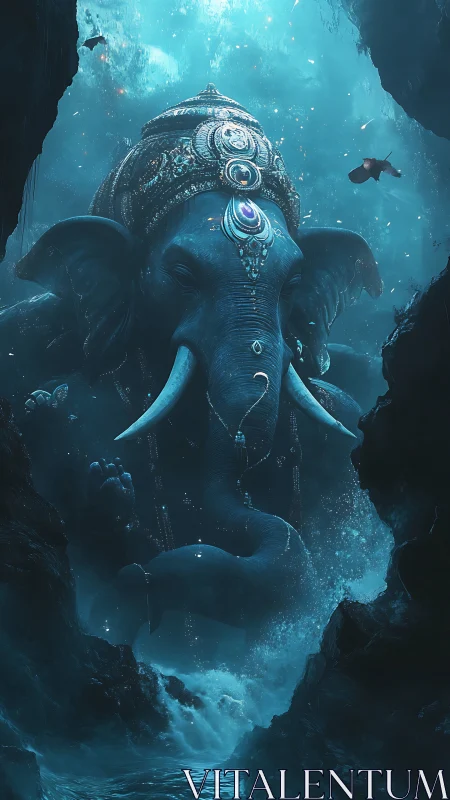 Underwater elephant deity amid glowing blue cavern.