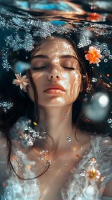 Woman underwater with flowers and dappled sunlight glow.