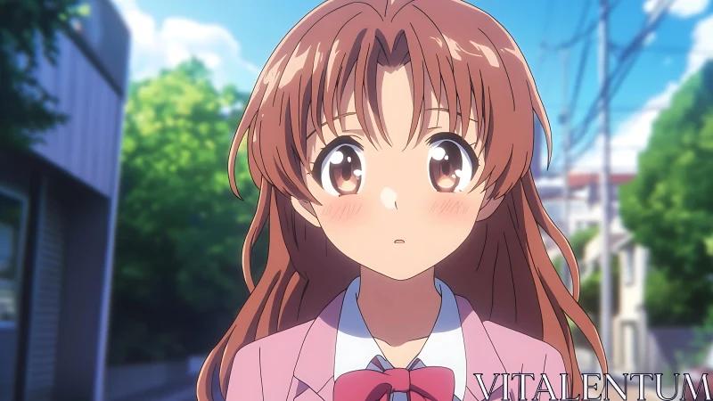 Anime schoolgirl with long hair on a sunny city street.