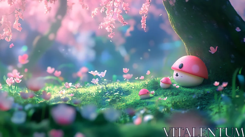 Mushroom characters rest under tree amid stylized blossoms