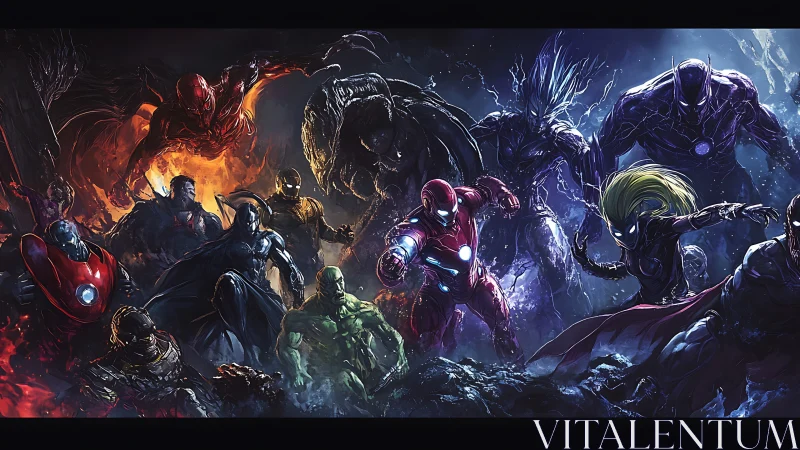 Armored superheroes clash with dark cosmic adversaries