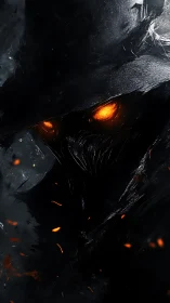 Shadowed plague crow with burning ember eyes in void.