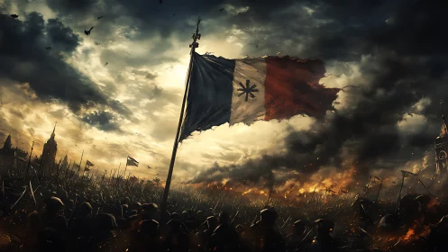 Torn tricolor war flag over burning battlefield at dusk.