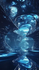 Glimmering blue portal hallway into a dreamy hidden world.