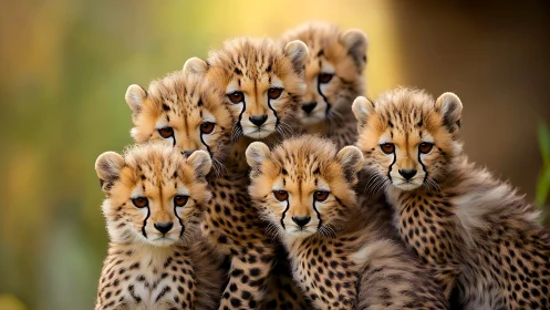 Spotted Guardians: Five Young Cheetahs Converge in Golden Wonder.