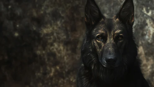 Dark-coated dog is positioned against a textured background