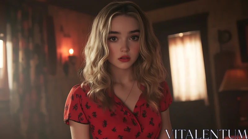 Softly lit portrait of a blonde girl in a cozy red dress.