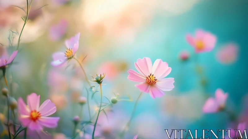 Shallow-Depth Cosmos Blossoms With Golden-Yellow Stamens And Diffused Teal Bokeh