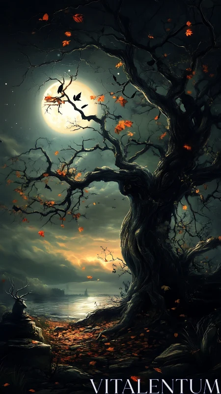 Twisted moonlit tree guards autumn shore under crows.