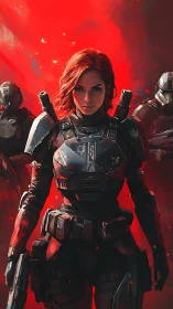 Armored soldier trio in red combat environment.