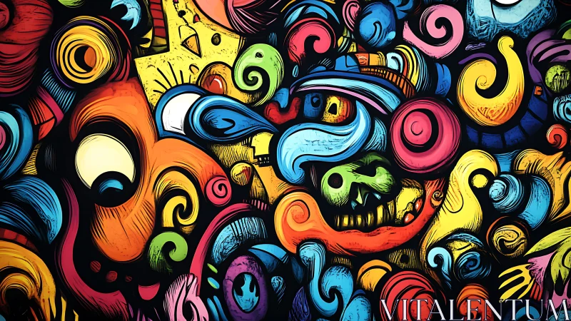 Colorful abstract cartoon shapes with swirling faces.