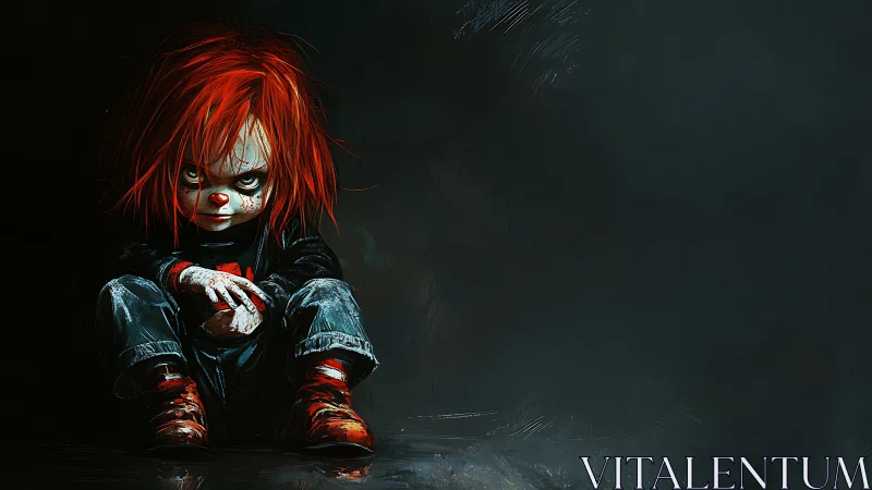 Red haired doll figure seated in dark empty space.