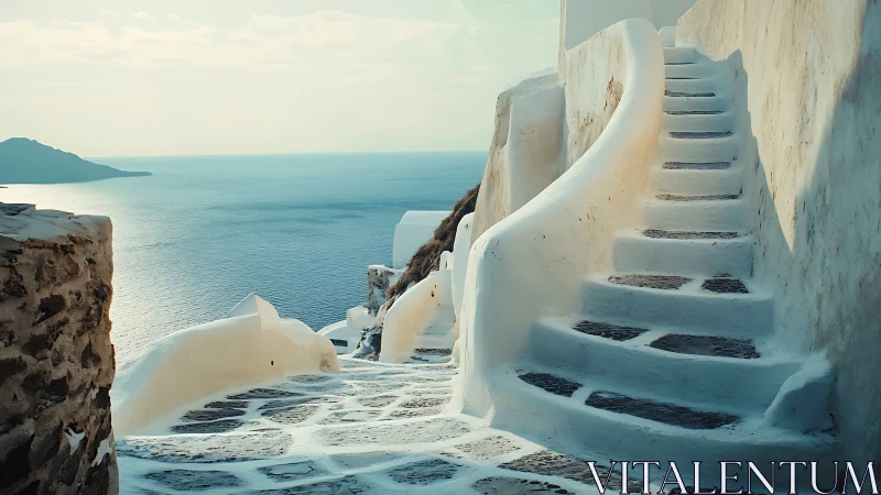 Sunlit coastal staircase winding through whitewashed walls.