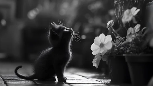 Kitten Examines White Flowers in Black and White.