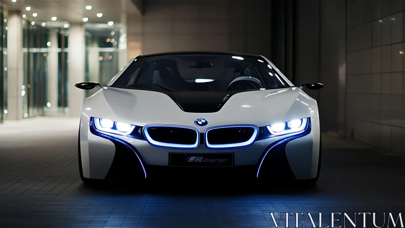 White BMW coupe showcases blue LED trim in night tunnel.