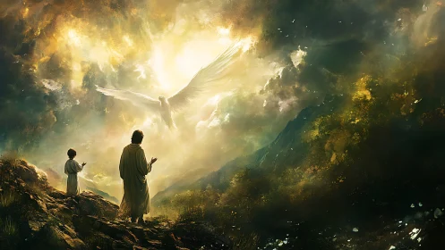 Radiant dove ascends above mystic pilgrims in stormlit sky.