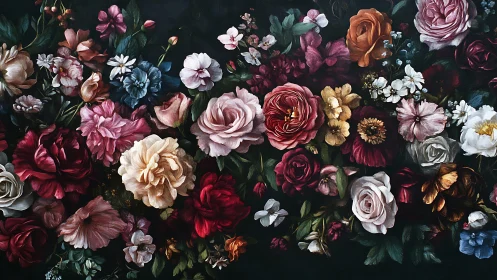 Dark Floral Garden: Dense Blooms Against Black Background.