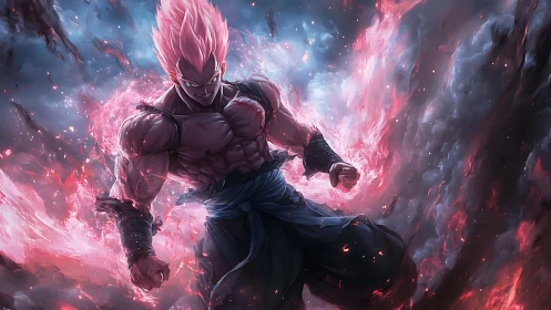 Muscular pink-haired warrior channels volatile crimson plasma aura