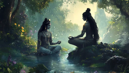 Divine meditation by forest stream under ethereal light.
