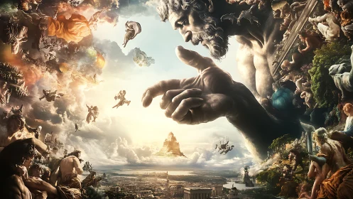 Mythic god reaches over a luminous celestial kingdom