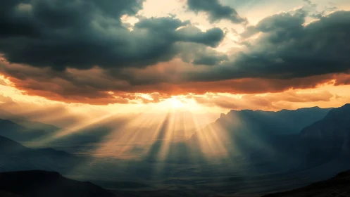 Sunbeams pierce storm clouds over dramatic mountain valley.