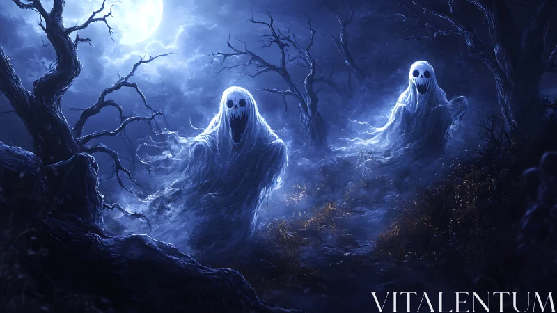 Ghostly figures drift through a moonlit haunted forest.