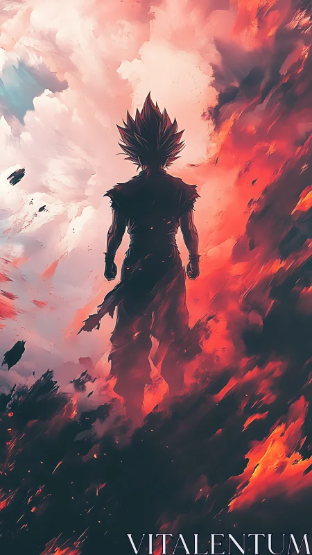 Silhouetted warrior strides between stormfire and calm sky