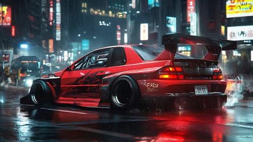 Cyberpunk drift car in neon-soaked Tokyo street, rear view focus.