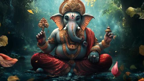 Ganesh statue sits in ornate pose within misty forest stream