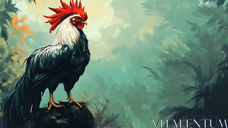 Majestic Red-Crested Rooster in Verdant Forest Setting.